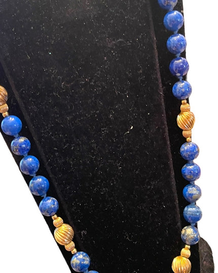 Stunning vintage LAPIS LAZULI with pyrite gold filled bead necklace High quality
