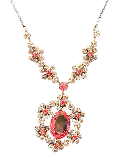 Lovely vintage 1950s silver finish Pink crystal rhinestone princess necklace
