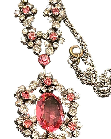 Lovely vintage 1950s silver finish Pink crystal rhinestone princess necklace