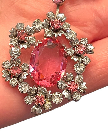 Lovely vintage 1950s silver finish Pink crystal rhinestone princess necklace