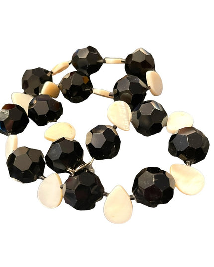 Vintage CHUNKY large black crystal & MOP tesr drop bead necklace Artisan