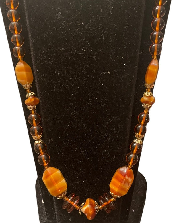 Vintage fancy Amber honey CZECH glass bead necklace