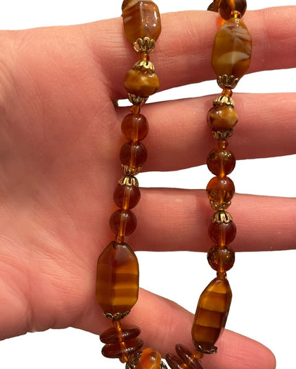 Vintage fancy Amber honey CZECH glass bead necklace