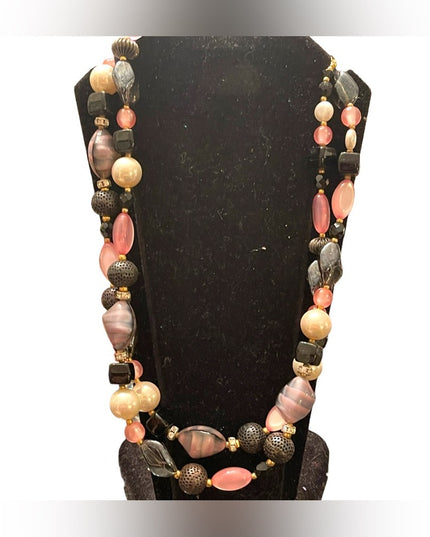 Vintage 1950s CZECH glass rhinestone crystal MOP fancy pink black necklace