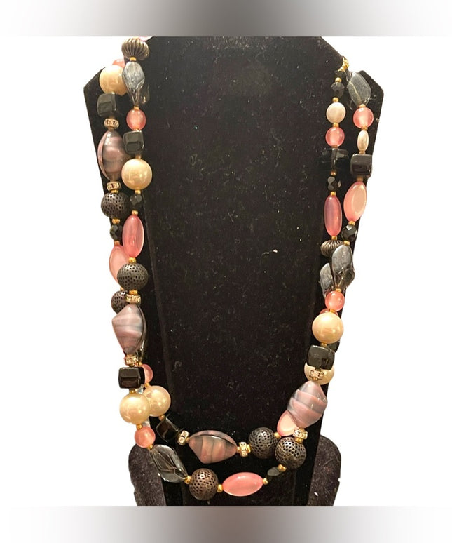 Vintage 1950s CZECH glass rhinestone crystal MOP fancy pink black necklace