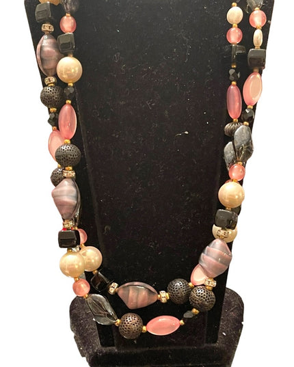 Vintage 1950s CZECH glass rhinestone crystal MOP fancy pink black necklace