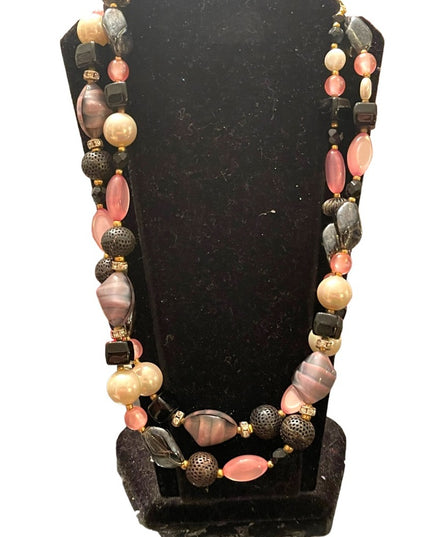 Vintage 1950s CZECH glass rhinestone crystal MOP fancy pink black necklace