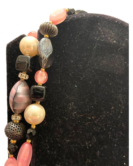 Vintage 1950s CZECH glass rhinestone crystal MOP fancy pink black necklace