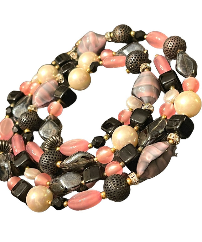 Vintage 1950s CZECH glass rhinestone crystal MOP fancy pink black necklace