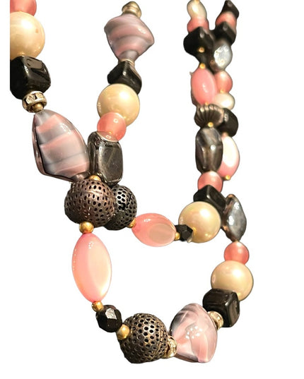 Vintage 1950s CZECH glass rhinestone crystal MOP fancy pink black necklace