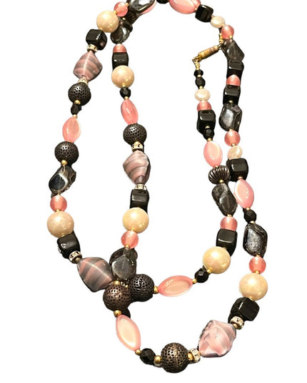 Vintage 1950s CZECH glass rhinestone crystal MOP fancy pink black necklace