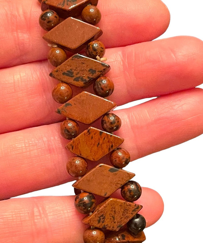 Lovely Mahogany Obsidian Hand made stretchy fancy diamond shape bead bracelet