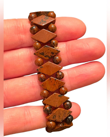 Lovely Mahogany Obsidian Hand made stretchy fancy diamond shape bead bracelet