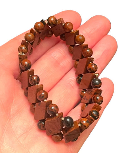 Lovely Mahogany Obsidian Hand made stretchy fancy diamond shape bead bracelet