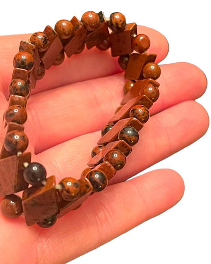 Lovely Mahogany Obsidian Hand made stretchy fancy diamond shape bead bracelet