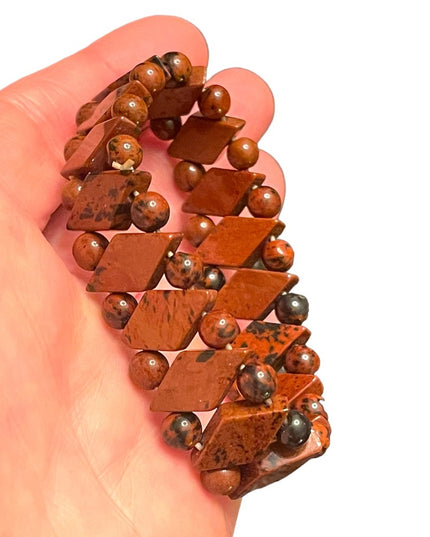 Lovely Mahogany Obsidian Hand made stretchy fancy diamond shape bead bracelet