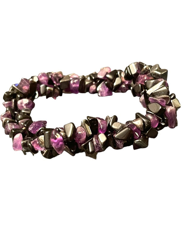 Lovely amethyst black onyx & hematite twisted chip stretchy bracelet