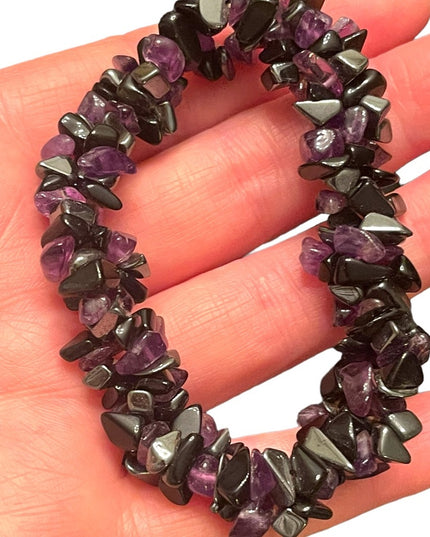 Lovely amethyst black onyx & hematite twisted chip stretchy bracelet