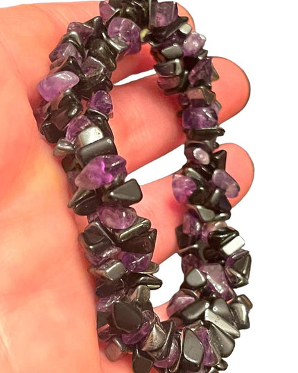Lovely amethyst black onyx & hematite twisted chip stretchy bracelet