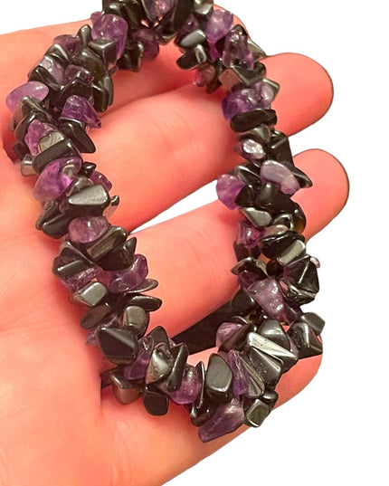 Lovely amethyst black onyx & hematite twisted chip stretchy bracelet