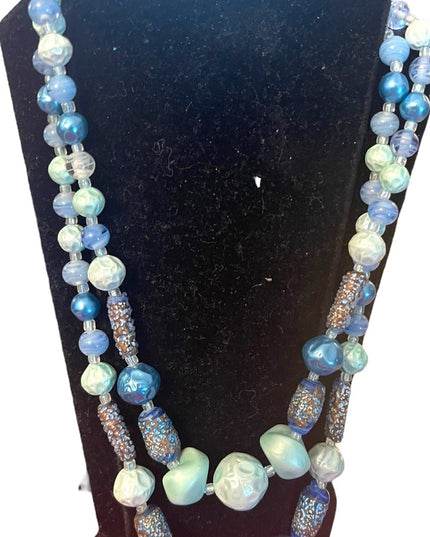 Vintage 1950s resin & glass crystal fancy textured double strand blue necklace