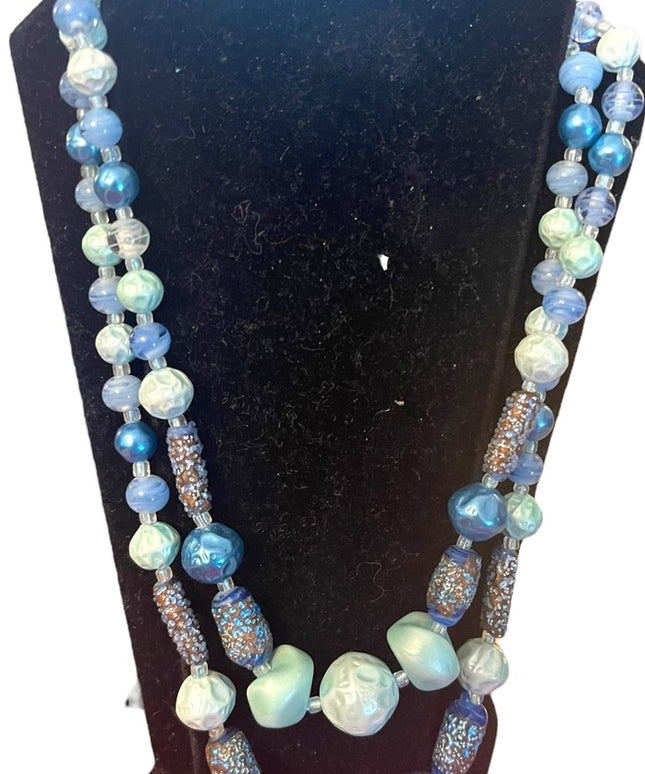 Vintage 1950s resin & glass crystal fancy textured double strand blue necklace