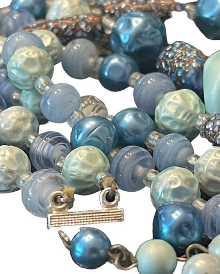Vintage 1950s resin & glass crystal fancy textured double strand blue necklace