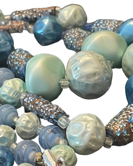 Vintage 1950s resin & glass crystal fancy textured double strand blue necklace