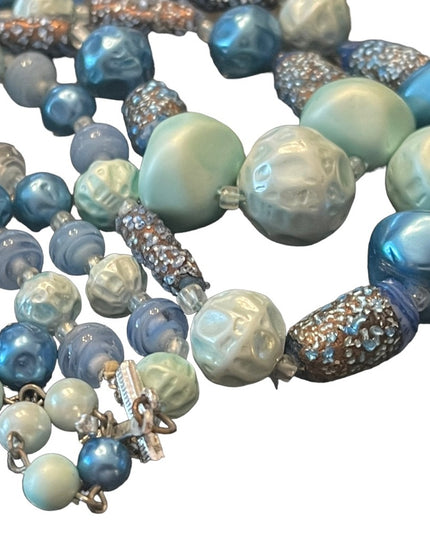 Vintage 1950s resin & glass crystal fancy textured double strand blue necklace