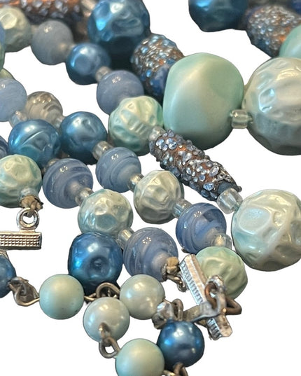 Vintage 1950s resin & glass crystal fancy textured double strand blue necklace