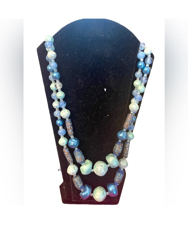 Vintage 1950s resin & glass crystal fancy textured double strand blue necklace