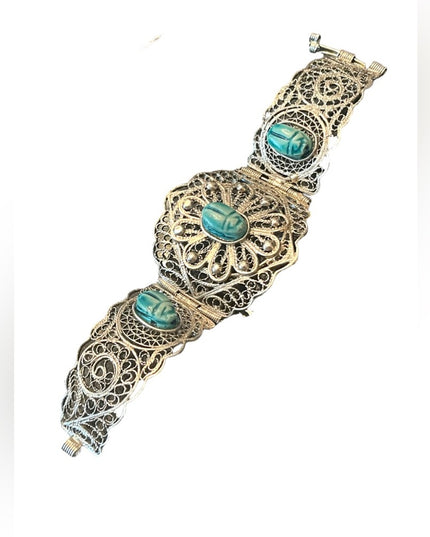 Vintage Egyptian Hand Made Filigree Flower CUFF Bracelet With Carved Scarab