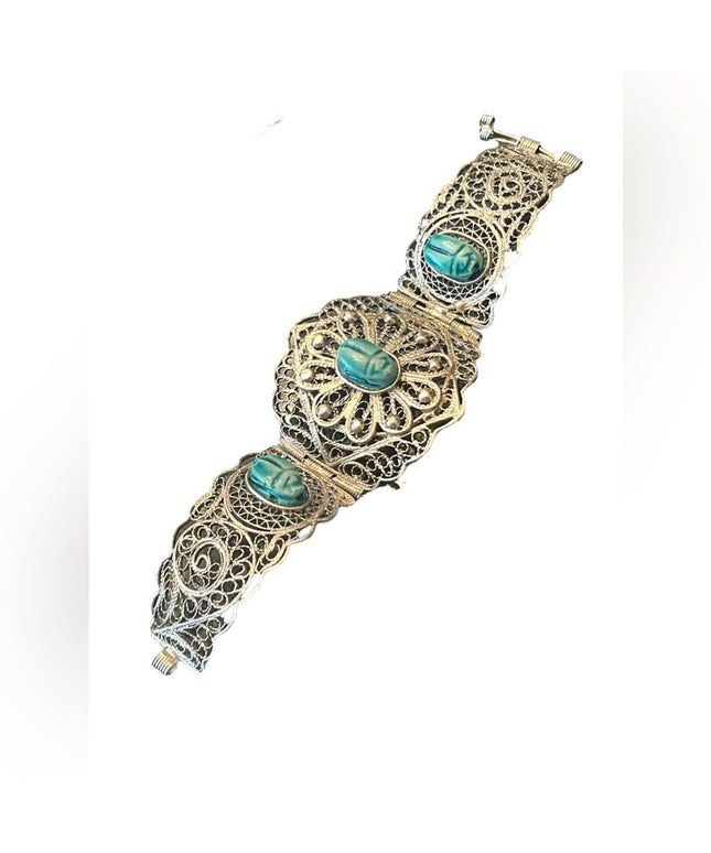 Vintage Egyptian Hand Made Filigree Flower CUFF Bracelet With Carved Scarab