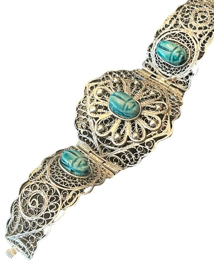 Vintage Egyptian Hand Made Filigree Flower CUFF Bracelet With Carved Scarab