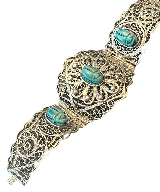 Vintage Egyptian Hand Made Filigree Flower CUFF Bracelet With Carved Scarab