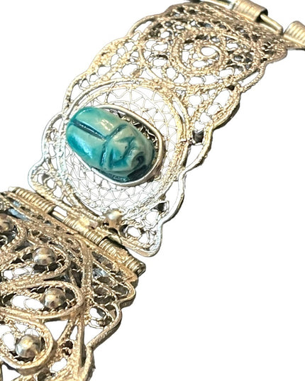 Vintage Egyptian Hand Made Filigree Flower CUFF Bracelet With Carved Scarab