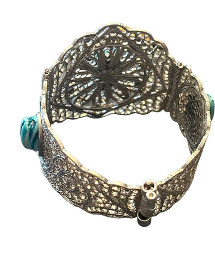 Vintage Egyptian Hand Made Filigree Flower CUFF Bracelet With Carved Scarab
