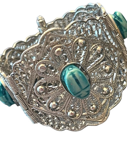 Vintage Egyptian Hand Made Filigree Flower CUFF Bracelet With Carved Scarab