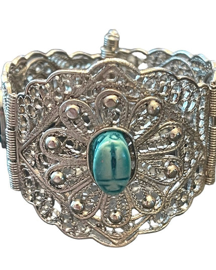 Vintage Egyptian Hand Made Filigree Flower CUFF Bracelet With Carved Scarab