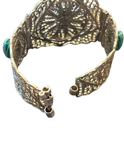 Vintage Egyptian Hand Made Filigree Flower CUFF Bracelet With Carved Scarab
