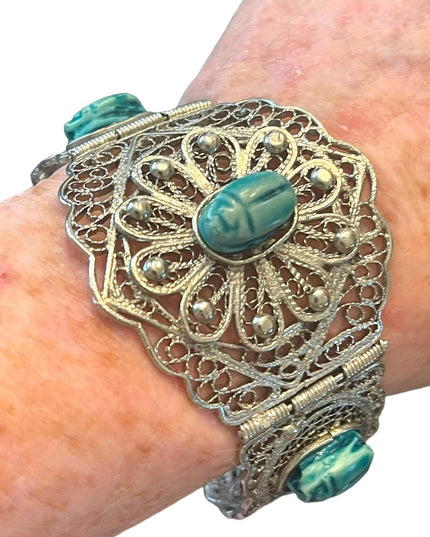 Vintage Egyptian Hand Made Filigree Flower CUFF Bracelet With Carved Scarab