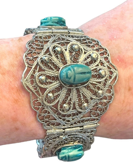 Vintage Egyptian Hand Made Filigree Flower CUFF Bracelet With Carved Scarab