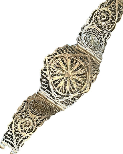 Vintage Egyptian Hand Made Filigree Flower CUFF Bracelet With Carved Scarab