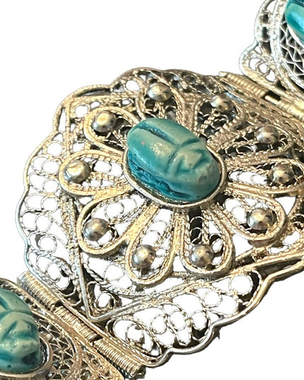 Vintage Egyptian Hand Made Filigree Flower CUFF Bracelet With Carved Scarab