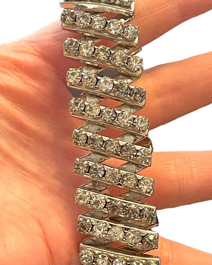 Vintage 1950s Stretchy Silver finish Crystal rhinestone Quality heavy bracelet