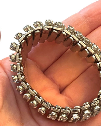 Vintage 1950s Stretchy Silver finish Crystal rhinestone Quality heavy bracelet