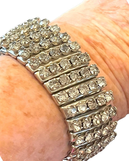 Vintage 1950s Stretchy Silver finish Crystal rhinestone Quality heavy bracelet