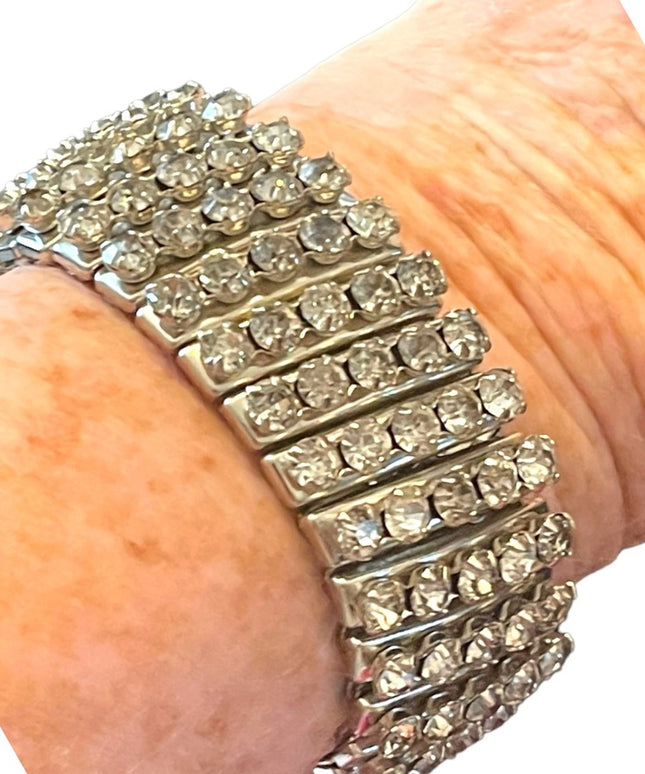 Vintage 1950s Stretchy Silver finish Crystal rhinestone Quality heavy bracelet