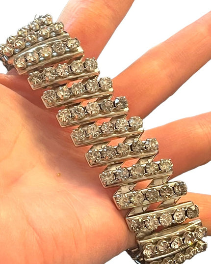 Vintage 1950s Stretchy Silver finish Crystal rhinestone Quality heavy bracelet