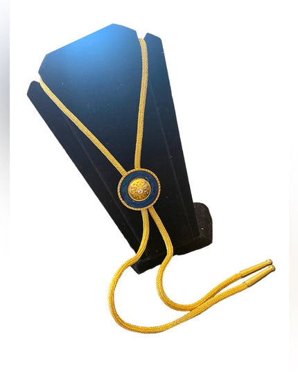 Vintage gold blue enameled crystal fancy bolo necklace
